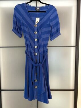 Anthropologie Blue Striped Button-Front Tie-Waist Midi Dress